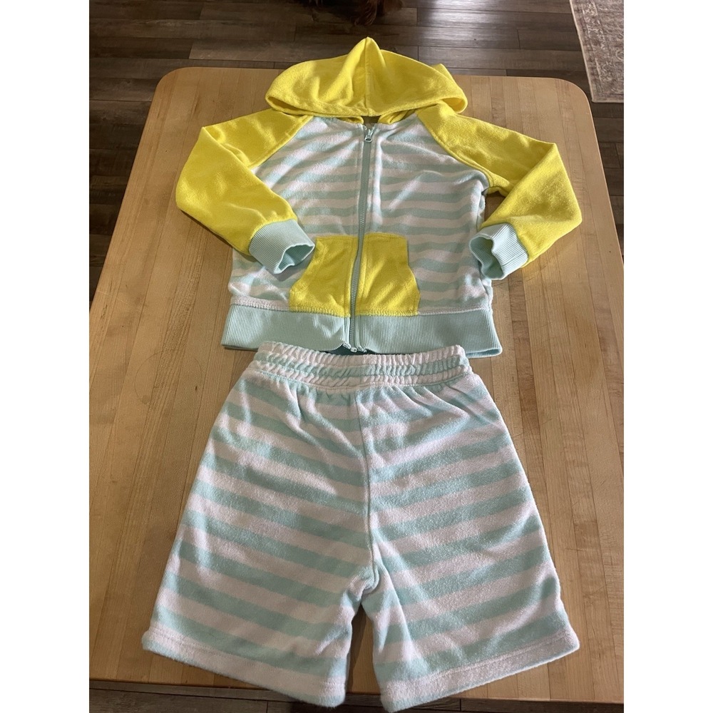 WN Toddler French Terry 2p Cover Up Hoodie Short Set Yellow Aqua White Stripe 4T